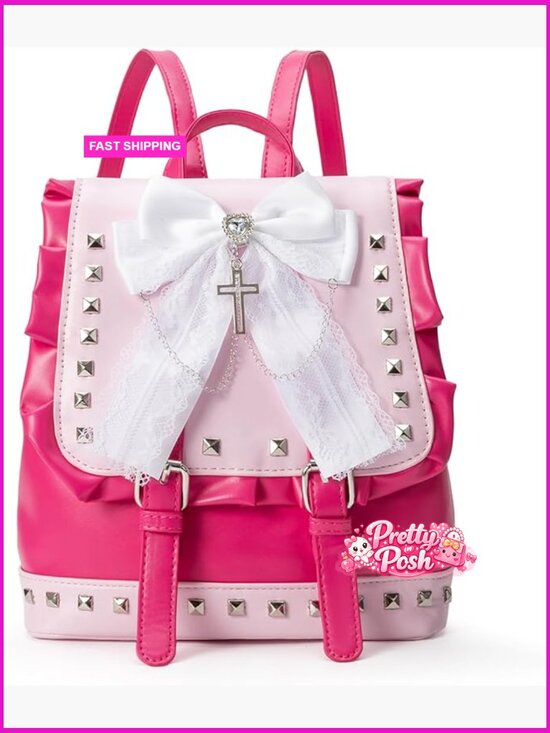 Mini Studded Lace Bow Backpack with Cross Charm, Gothic Rivet Backpack main image 6